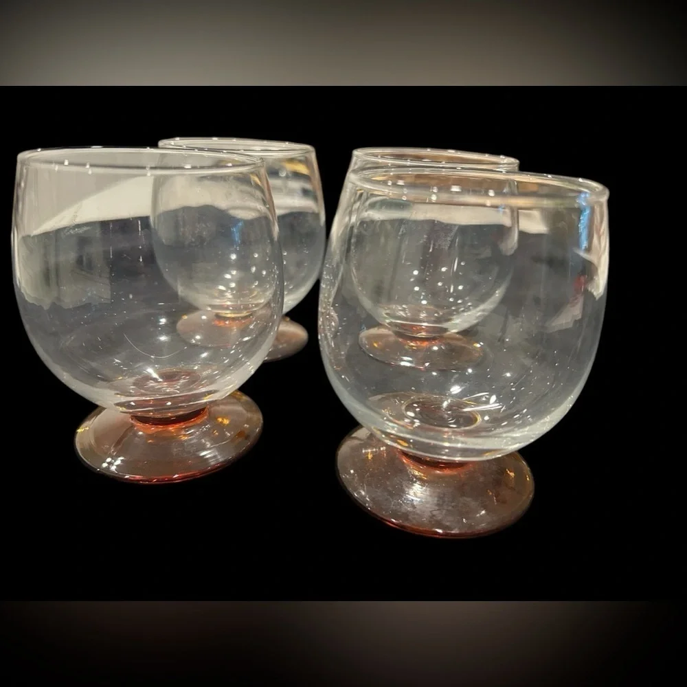 Set of 4 Vintage Clear Drinking Glasses‎ with Amber Footed Base